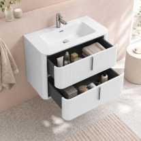 Mobilier suspendat pentru lavoar Fluminia Pisa 80 cm, front riflat, 80 × 46 cm, alb mat, mâner alb mat